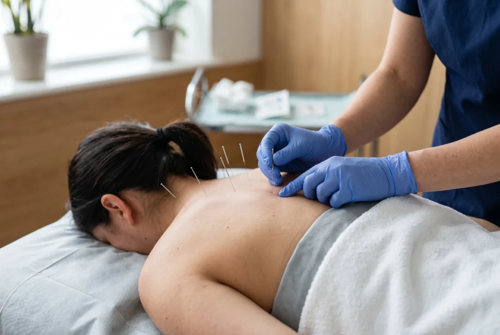Acupuncture needles on skin