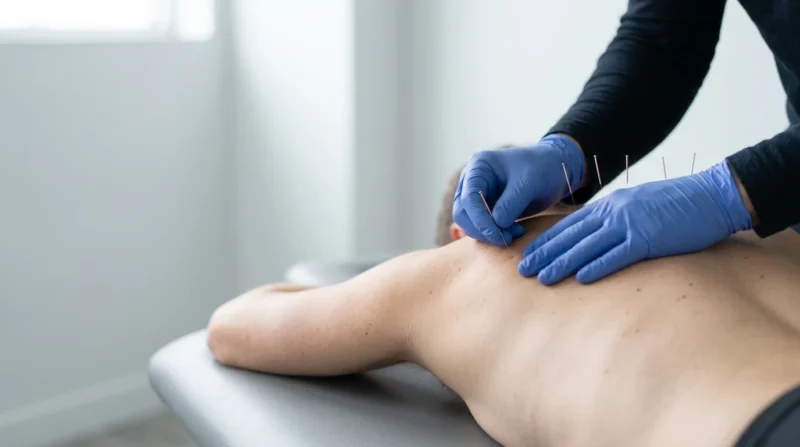 Gloved hands placing a fine acupuncture needle in a person's upper back on a treatment couch