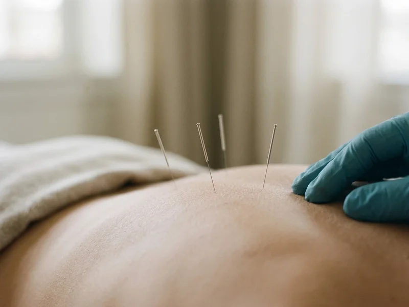 Fine acupuncture needles in a person's back, gloved hand nearby