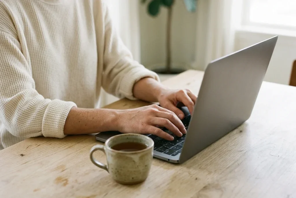 Hands on a laptop keyboard next to a cup of tea at a kitchen table