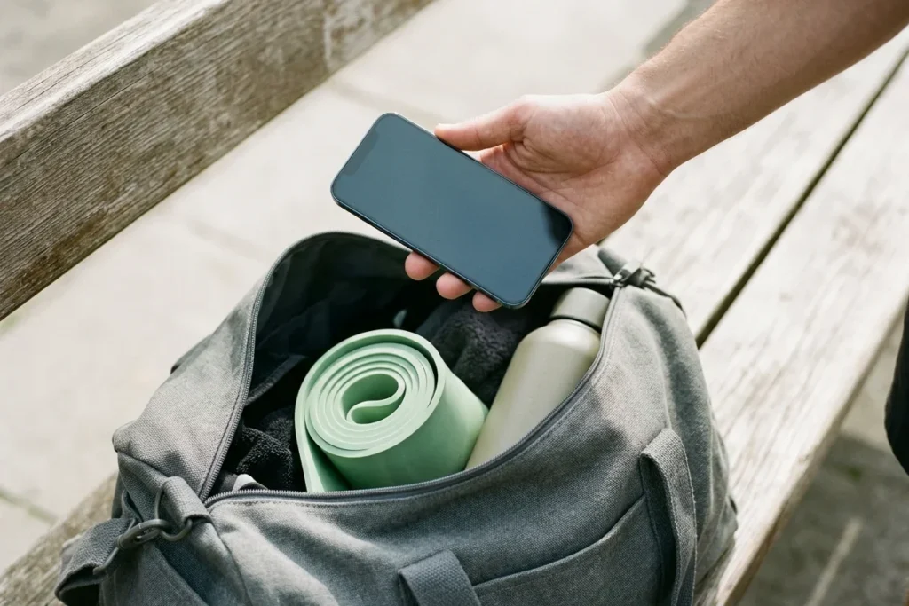 Hand holding a phone above a gym bag with a resistance band and a water bottle