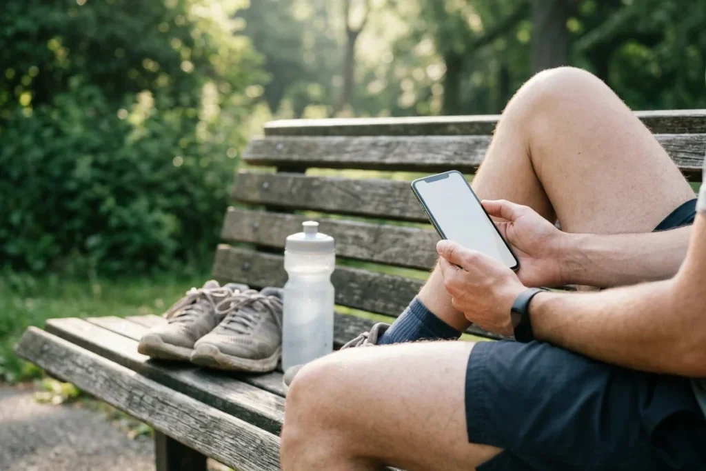 Person in running kit sitting on a bench with a phone, running shoes and a water bottle beside them