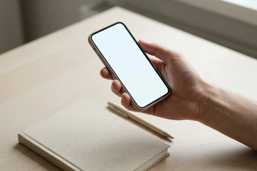 Hand holding a phone above a tidy desk with a closed diary and a pen