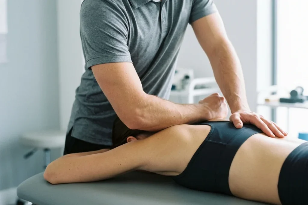 Physiotherapist using forearm pressure along the upper back of a person in a sports top during a deep tissue massage