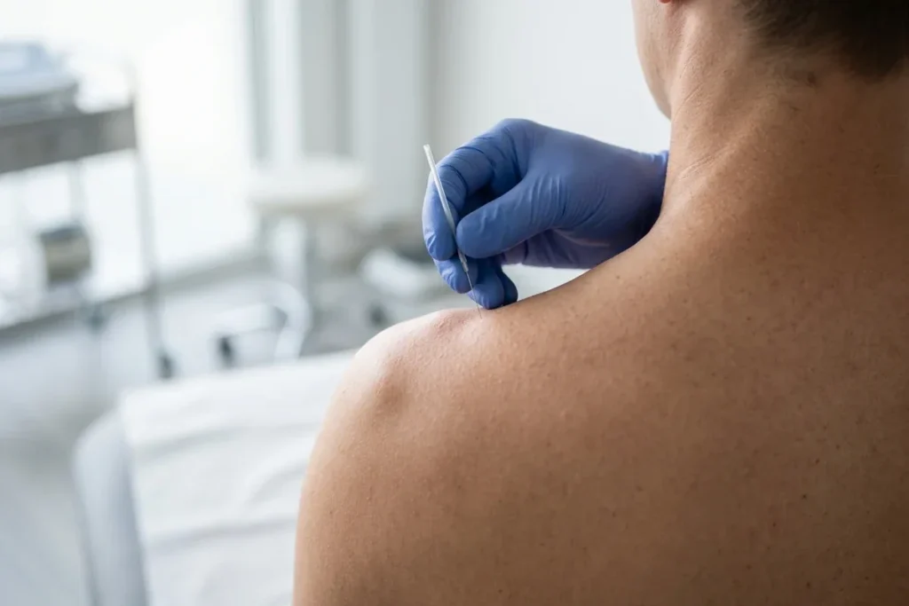 Gloved hand placing a fine needle into a tight muscle at the top of the shoulder