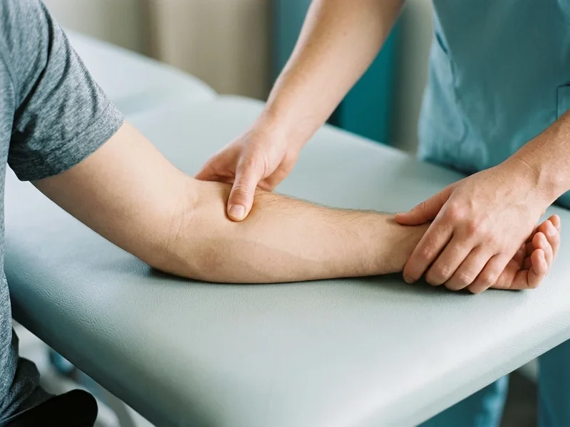 Physiotherapist pressing a trigger point in a person's forearm muscle