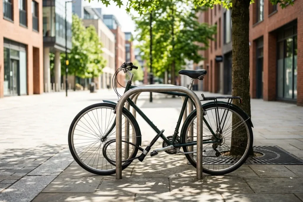 Bicycle locked to a cycle stand on a tree-lined city pavement