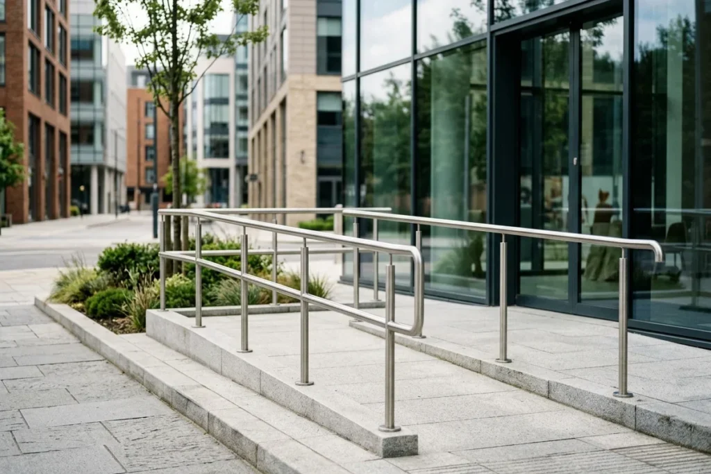 Gentle ramp with a handrail leading to a glass building entrance