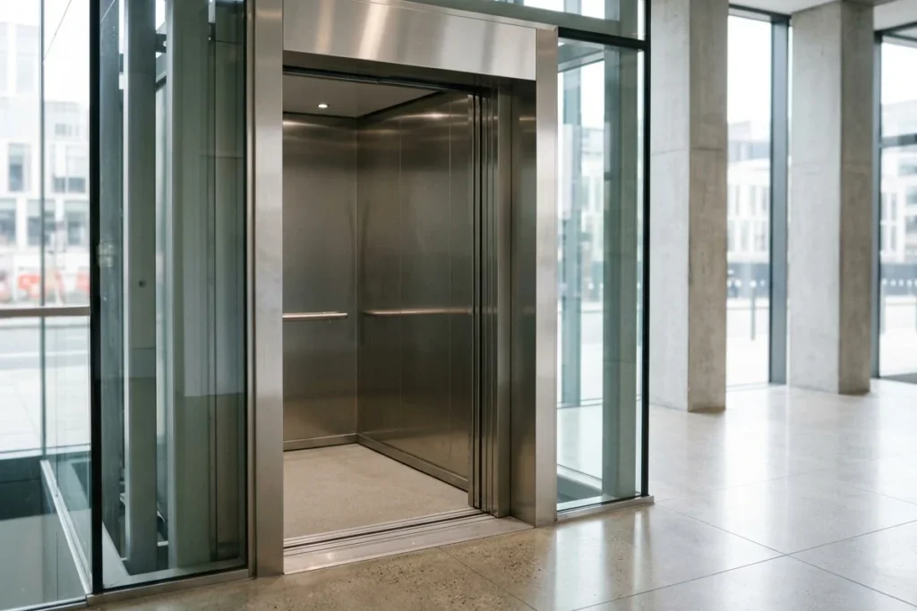 Open lift doors with a handrail inside, level with the floor