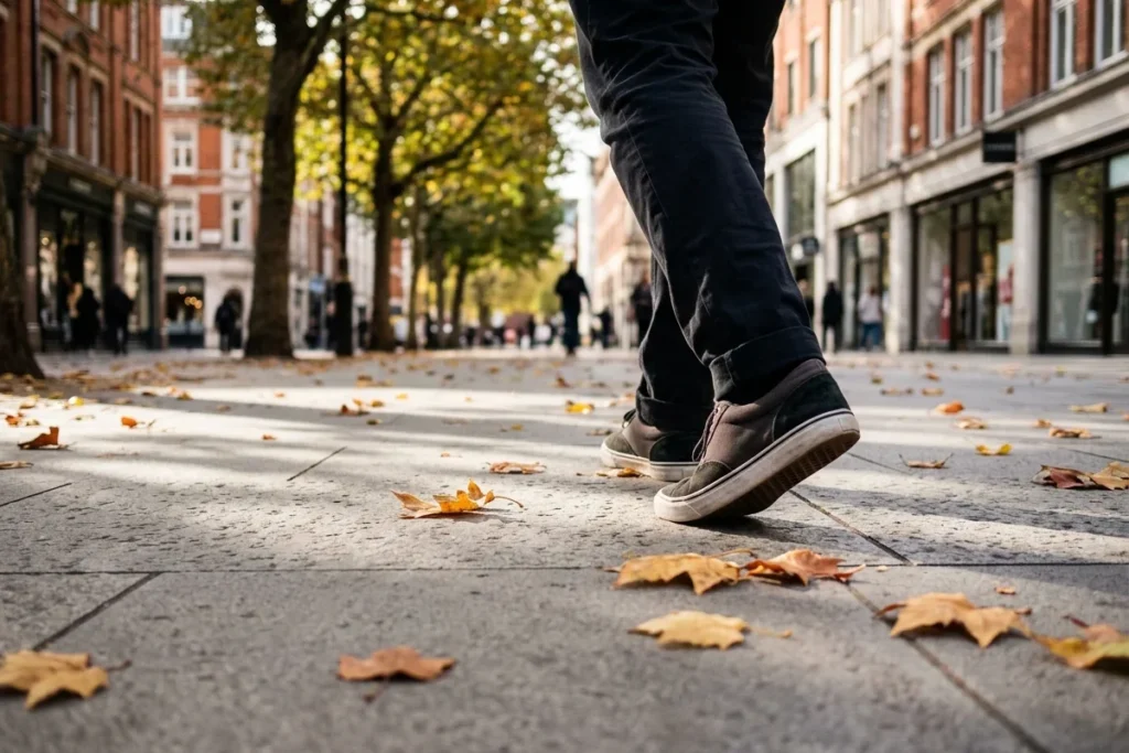 Feet in trainers walking along a wide, tree-lined city pavement