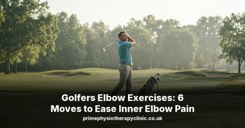 Middle-aged golfer finishing a swing on a quiet golf course in morning light