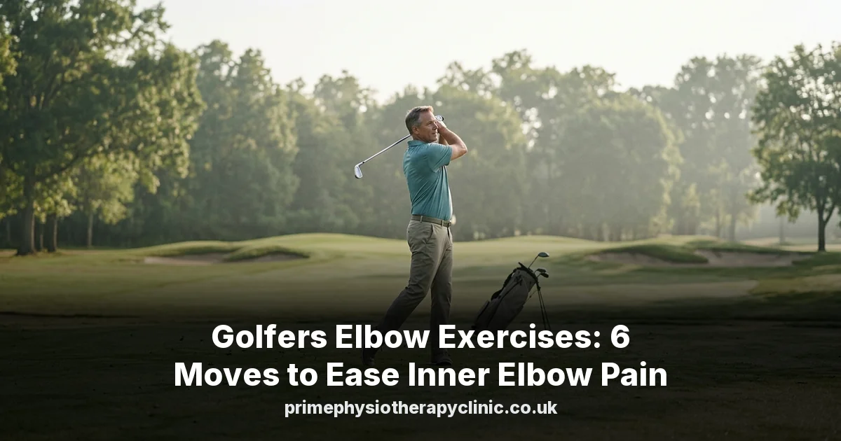 Middle-aged golfer finishing a swing on a quiet golf course in morning light