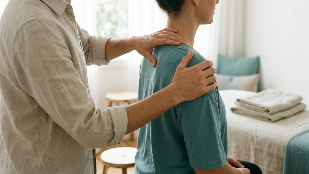 Practitioner's hands applying gentle pressure to a seated person's upper back and shoulder