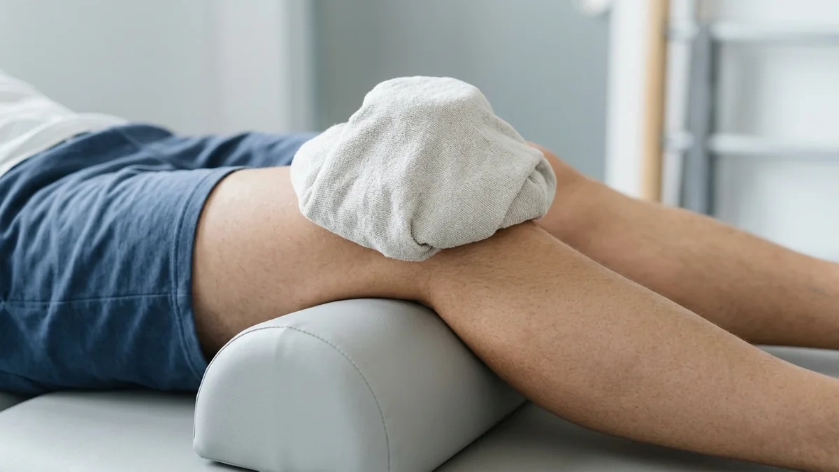 Ice pack wrapped in a towel resting on the front of a knee