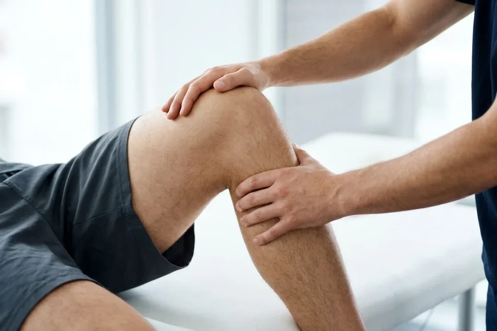 Physiotherapist's hands holding and gently moving a person's bent knee on a treatment couch