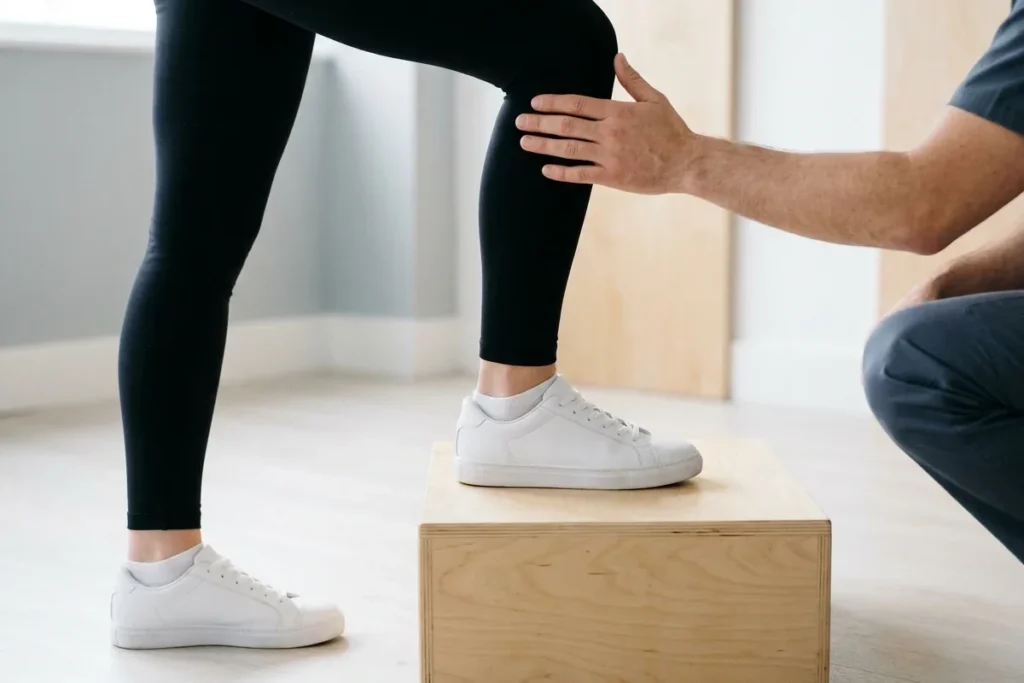 Physiotherapist's hand guiding a person's knee as they step up onto a low wooden step