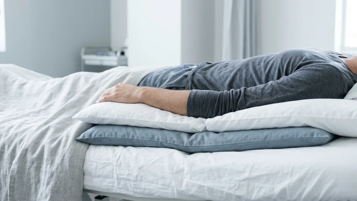Person lying on their back in bed with one arm resting on pillows