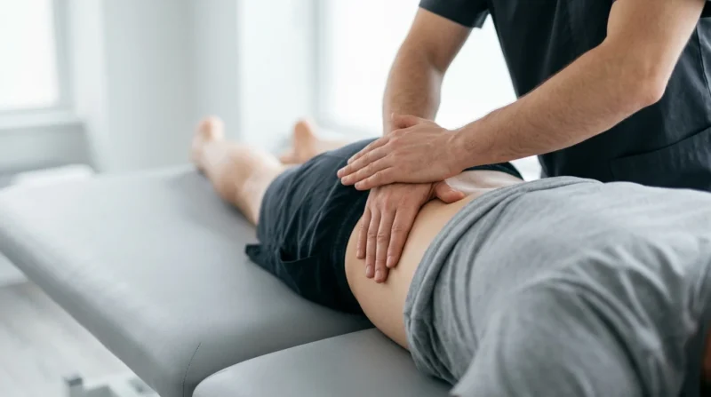 Physiotherapist's hands mobilising the lower back of a person lying face down on a treatment couch