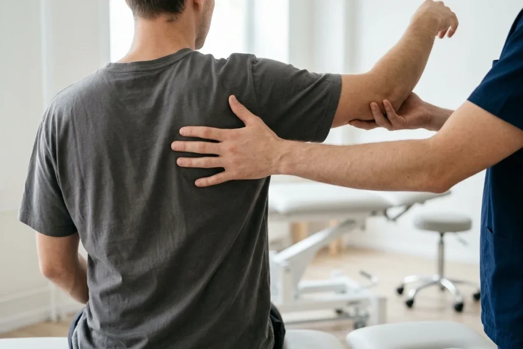 Physiotherapist guiding a seated person's raised arm to check how far the shoulder moves