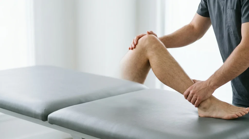Physiotherapist's hands holding a bent knee and ankle to test how far the knee moves