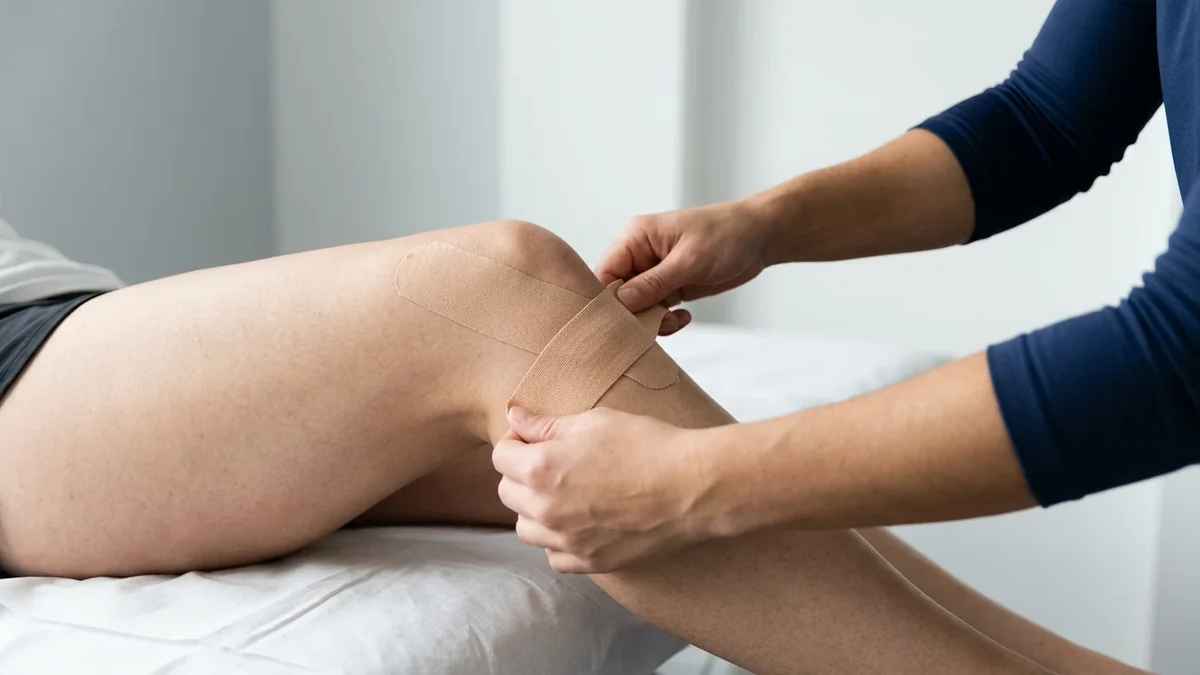 Physiotherapist's hands applying tape around the kneecap of a seated patient's knee