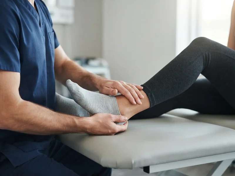 Physiotherapist's hands checking the movement of a person's ankle, the person in sports leggings and socks