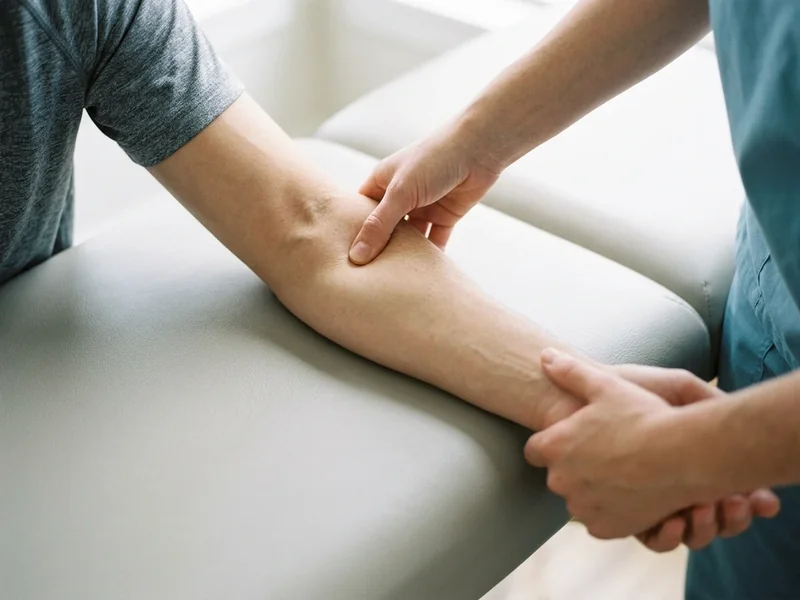 Physiotherapist's hands checking the forearm muscles of a person resting their arm on a treatment couch