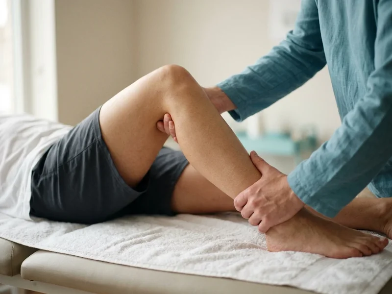 Physiotherapist gently bending a person's knee to check its movement