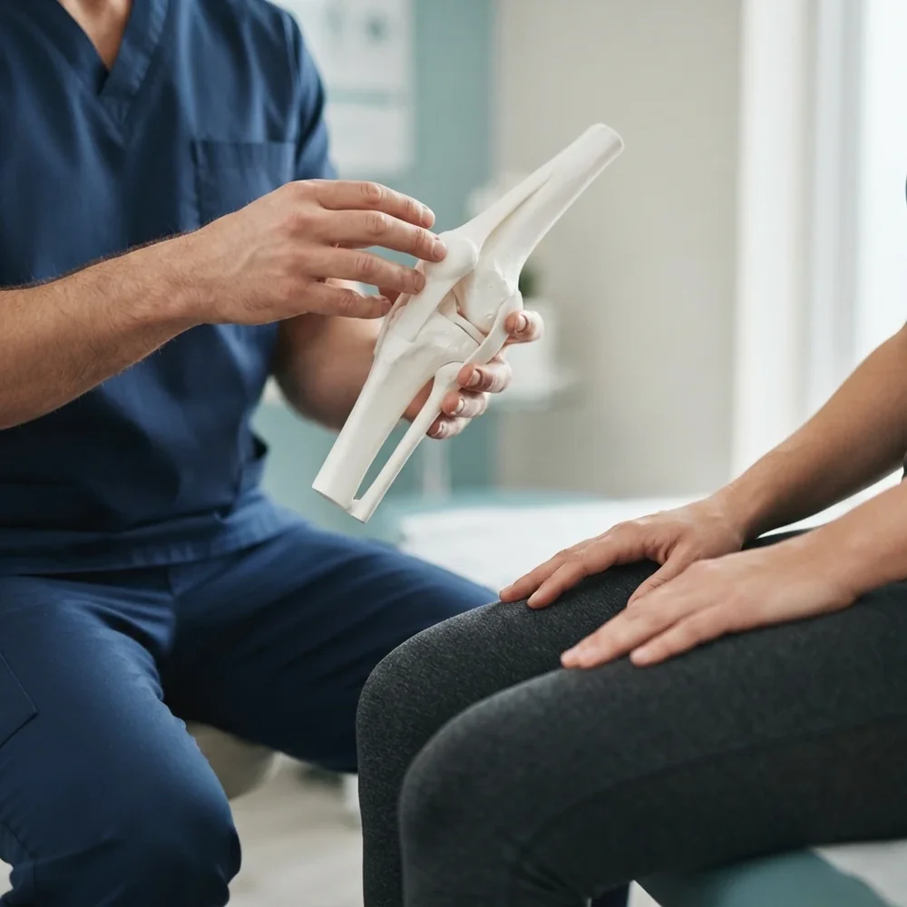 Physiotherapist's hands holding a knee joint model to explain it to a seated person