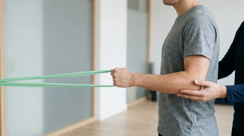 Physiotherapist's hands guiding a person's elbow during a resistance band exercise for the shoulder