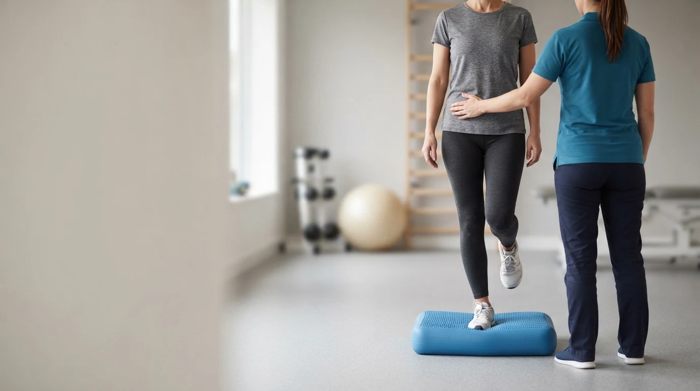 Physiotherapist steadying a person in sportswear during a single-leg balance exercise on a foam pad