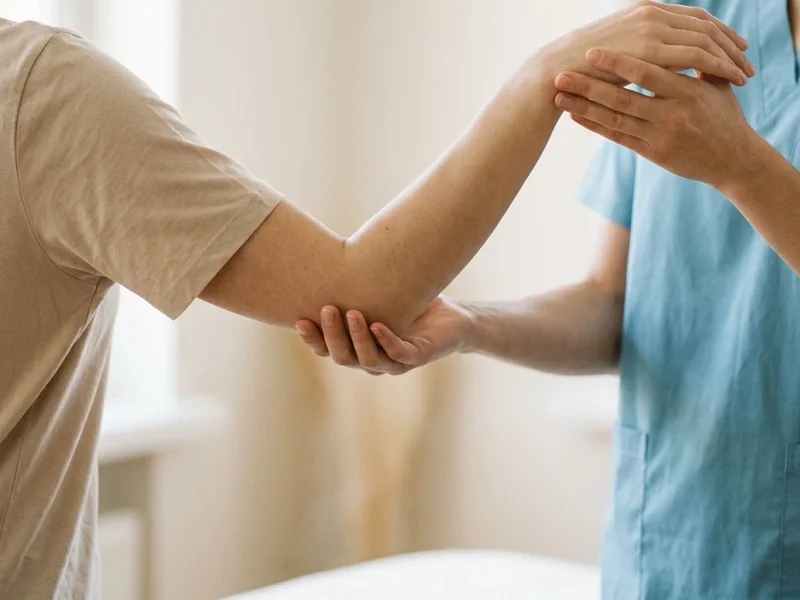 Physiotherapist in light blue scrubs supporting a person's raised arm at the elbow and wrist