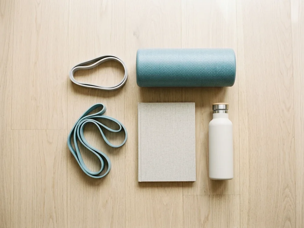 Resistance bands, a foam roller, a notebook and a water bottle on a wooden floor