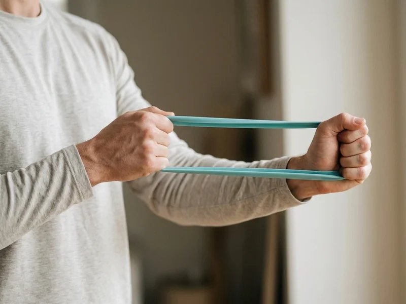 Close-up of hands pulling a light resistance band at chest height