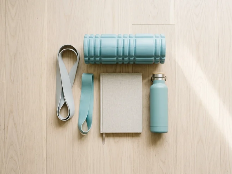 Resistance bands, a foam roller, a notebook and a water bottle laid out on a wooden floor