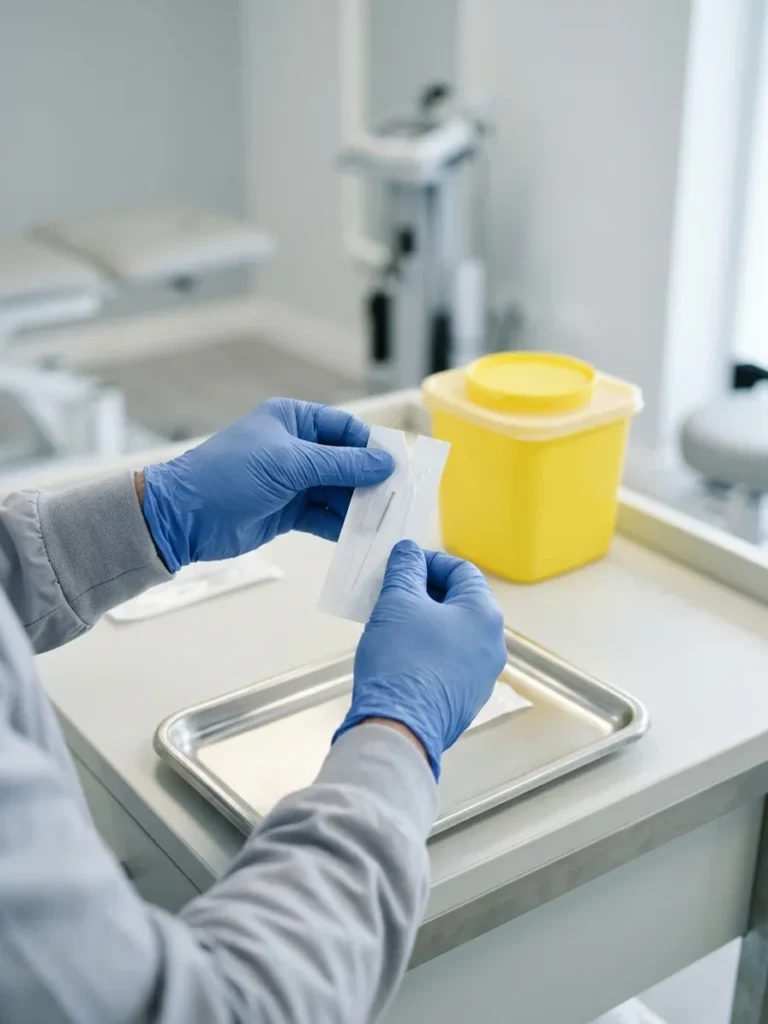 Gloved hands opening a sealed single-use acupuncture needle above a clean tray, with a sharps bin behind