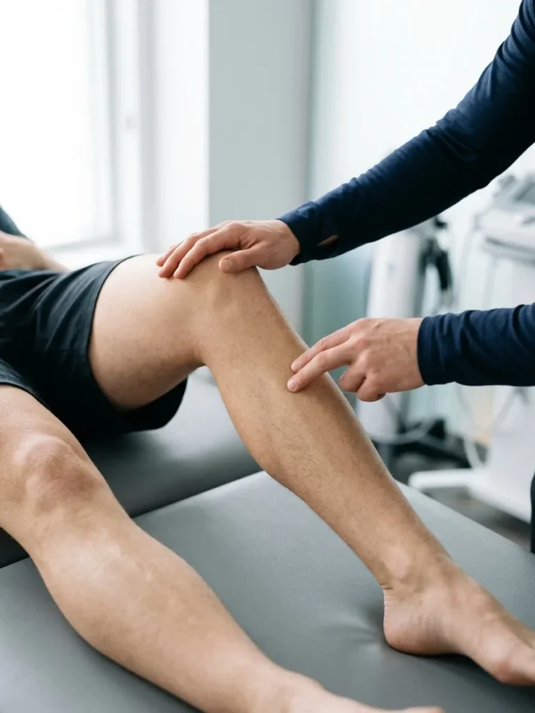 Physiotherapist's fingertips lightly testing the feeling on the lower leg of a person lying on a treatment couch