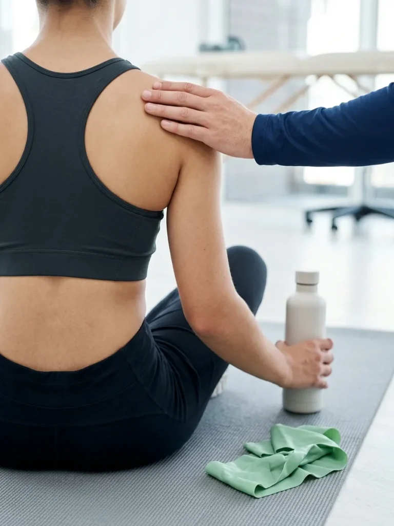 Person resting on an exercise mat with a water bottle while a physiotherapist's hand rests on their shoulder