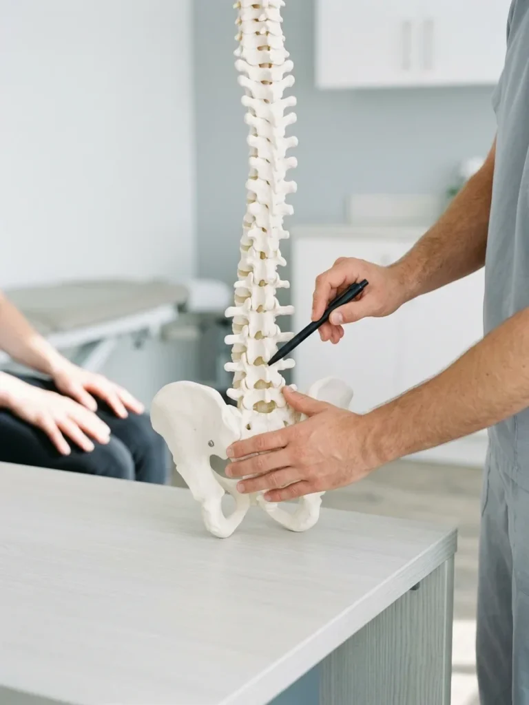 Physiotherapist pointing to the lower back of a spine model while explaining treatment options