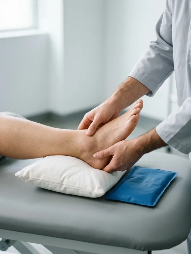Physiotherapist's hands gently checking a swollen ankle resting on a pillow, with a cold pack beside it