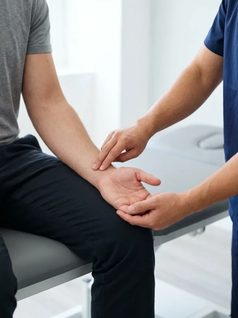 Physiotherapist's fingers checking the pulse at the wrist of a person sitting on a treatment couch