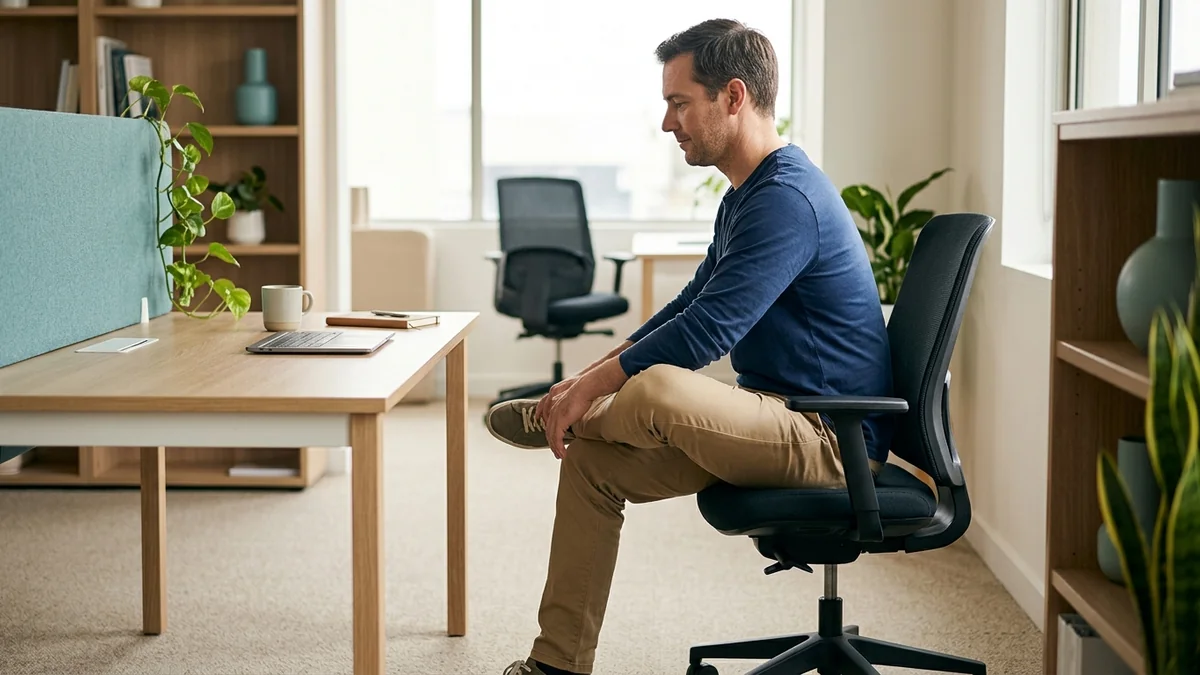 Office worker sitting on a chair with one ankle on the opposite knee, leaning forward into a buttock stretch