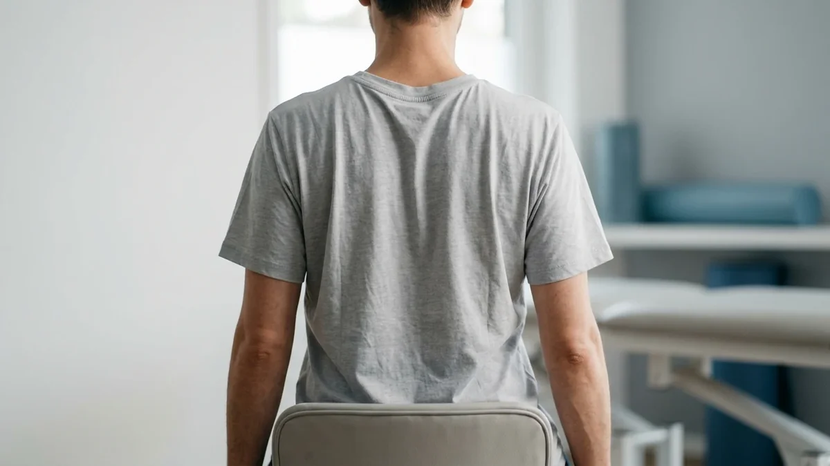 Person sitting on a chair, seen from behind, drawing the shoulder blades back and down