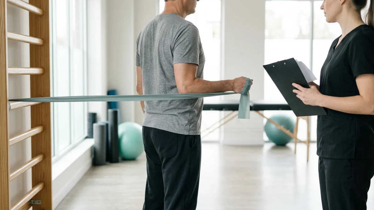 Adult doing a shoulder exercise with a resistance band during a rehabilitation session
