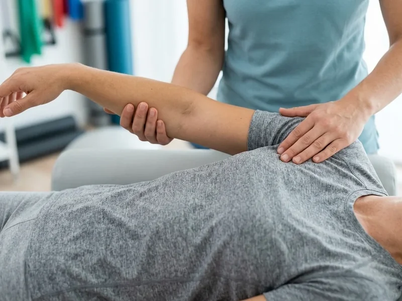 Physiotherapist mobilising a person's shoulder joint on a treatment couch