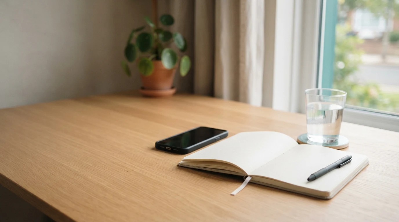 Smartphone, open diary, pen and glass of water on a light wooden desk by a window