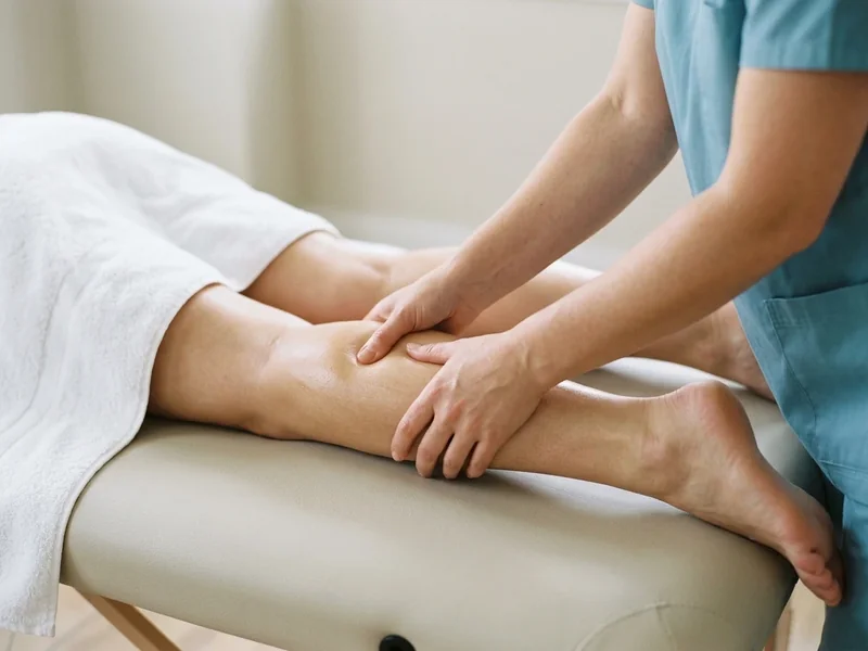 Physiotherapist's hands massaging a person's calf muscle