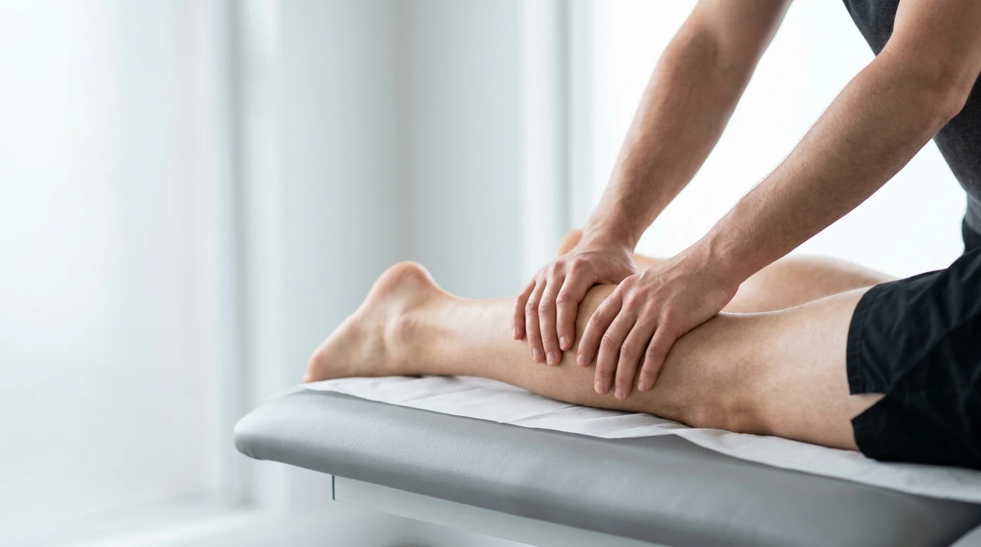 Physiotherapist's hands massaging the calf of a person in running shorts lying on a treatment couch