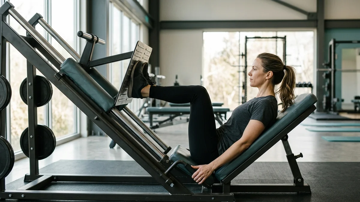 Adult training legs on a leg press machine in a bright gym