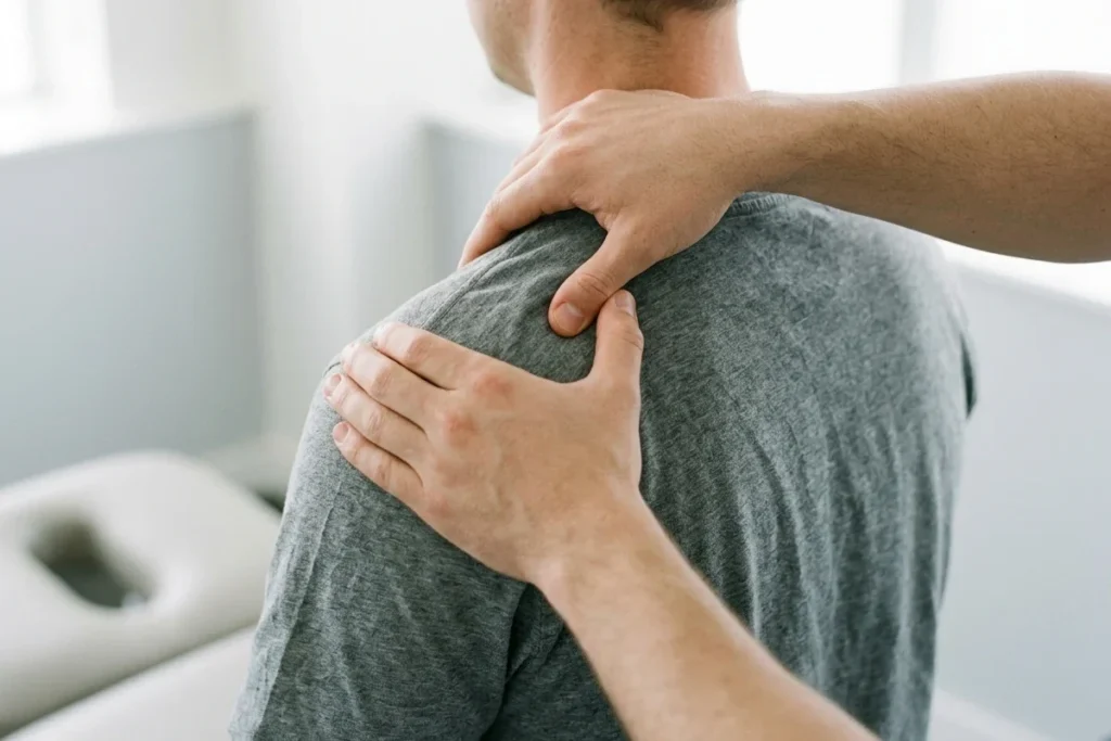 Physiotherapist's fingers pressing a tight knot in a seated person's upper shoulder muscle